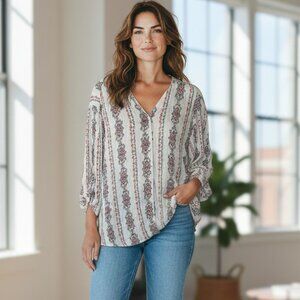 Style & Co Boho Red Blue Floral Button Down Blouse Roll-Tab Sleeve M Medium